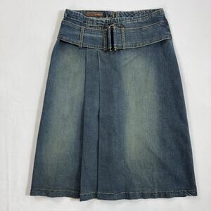 VTG Y2K Lightly Distressed Blue Denim Jean Skirt Size L Pleated Stretch AC-3998